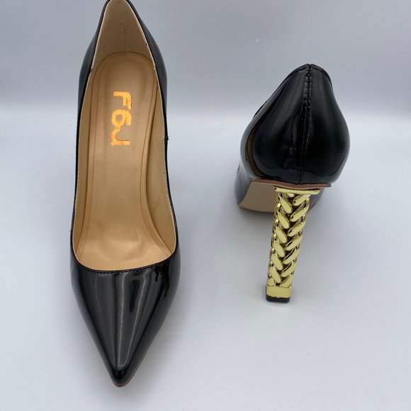 FSJ Shoes - FSJ Gold Metal Chunky High Heel Patent Leather
